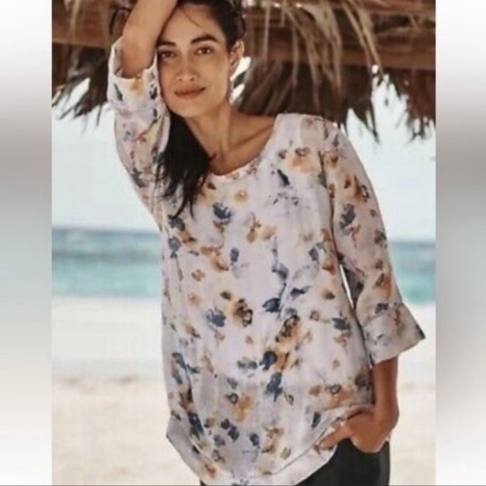 J. Jill Pure Linen Airy‎ Weave Floral Watercolor 3/4 Sleeve Blouse Size Medium